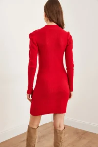 Olalook Women's Red Half Turtleneck Princess Sleeve Raised Mini Dress - Image 6