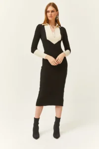 Olalook Women's Black Color Detailed Midi Knitwear Dress - Image 2