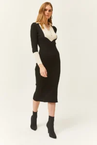 Olalook Women's Black Color Detailed Midi Knitwear Dress - Image 3