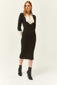 Olalook Women's Black Color Detailed Midi Knitwear Dress - Image 4