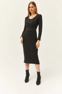 Olalook Women's Black Pool Neck Thick Ribbed Midi Dress - Image 2