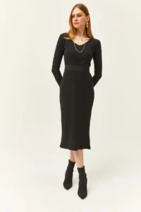 Olalook Women's Black Pool Neck Thick Ribbed Midi Dress - Image 4