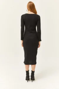 Olalook Women's Black Pool Neck Thick Ribbed Midi Dress - Image 5