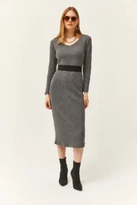 Olalook Women's Smoked Pool Neck Thick Corduroy Midi Dress - Image 2