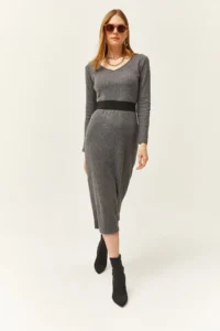 Olalook Women's Smoked Pool Neck Thick Corduroy Midi Dress - Image 3