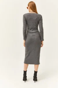 Olalook Women's Smoked Pool Neck Thick Corduroy Midi Dress - Image 4