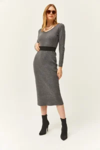 Olalook Women's Smoked Pool Neck Thick Corduroy Midi Dress - Image 5