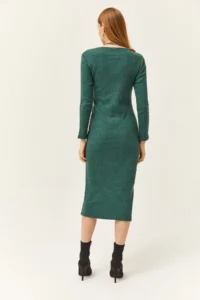 Olalook Women's Green Pool Neck Thick Ribbed Midi Dress - Image 6