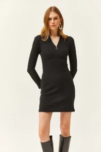 Olalook Women's Black High Collar Zippered Thick Ribbed Mini Dress - Image 3