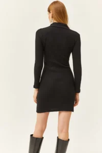 Olalook Women's Black High Collar Zippered Thick Ribbed Mini Dress - Image 6