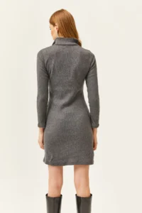 Olalook Women's Smoked High Collar Zippered Thick Ribbed Mini Dress - Image 2