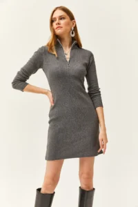 Olalook Women's Smoked High Collar Zippered Thick Ribbed Mini Dress - Image 4