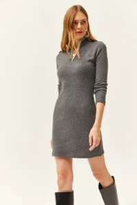 Olalook Women's Smoked High Collar Zippered Thick Ribbed Mini Dress - Image 6