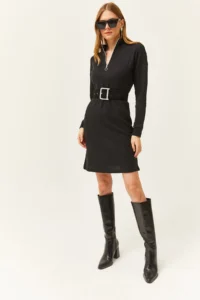 Olalook Women's Black High Collar Zippered Casual Dress - Image 2