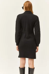 Olalook Women's Black High Collar Zippered Casual Dress - Image 3