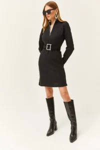 Olalook Women's Black High Collar Zippered Casual Dress - Image 4