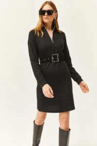 Olalook Women's Black High Collar Zippered Casual Dress - Image 5