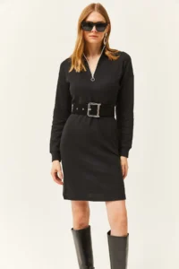 Olalook Women's Black High Collar Zippered Casual Dress - Image 6