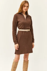Olalook Women's Brown High Collar Zippered Casual Dress - Image 2
