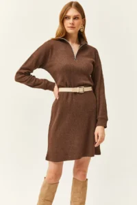 Olalook Women's Brown High Collar Zippered Casual Dress - Image 3