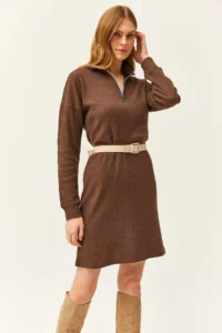 Olalook Women's Brown High Collar Zippered Casual Dress - Image 4