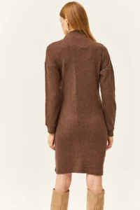 Olalook Women's Brown High Collar Zippered Casual Dress - Image 5