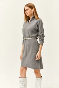 Olalook Women's Smoked High Collar Zippered Casual Dress - Image 2