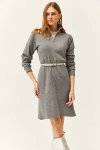 Olalook Women's Smoked High Collar Zippered Casual Dress - Image 3
