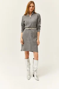 Olalook Women's Smoked High Collar Zippered Casual Dress - Image 4