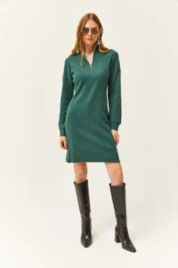 Olalook Women's Green High Collar Zippered Casual Dress - Image 2