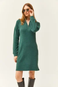Olalook Women's Green High Collar Zippered Casual Dress - Image 3