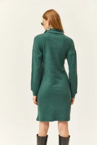Olalook Women's Green High Collar Zippered Casual Dress - Image 4