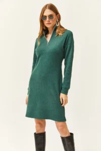 Olalook Women's Green High Collar Zippered Casual Dress - Image 5
