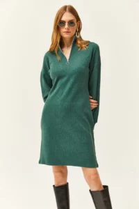 Olalook Women's Green High Collar Zippered Casual Dress - Image 6
