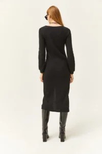 Olalook Women's Black V-Neck Buttoned Thick Ribbed Midi Dress - Image 2
