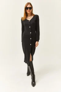 Olalook Women's Black V-Neck Buttoned Thick Ribbed Midi Dress - Image 4