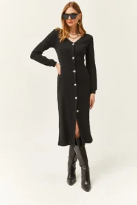 Olalook Women's Black V-Neck Buttoned Thick Ribbed Midi Dress - Image 5