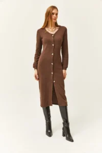 Olalook Women's Brown V-Neck Buttoned Thick Ribbed Midi Dress - Image 2