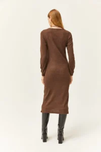 Olalook Women's Brown V-Neck Buttoned Thick Ribbed Midi Dress - Image 4
