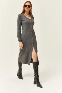 Olalook Women's Smoked V-Neck Buttoned Thick Corduroy Midi Dress
