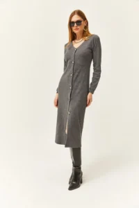 Olalook Women's Smoked V-Neck Buttoned Thick Corduroy Midi Dress - Image 2