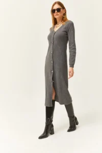 Olalook Women's Smoked V-Neck Buttoned Thick Corduroy Midi Dress - Image 3