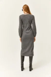 Olalook Women's Smoked V-Neck Buttoned Thick Corduroy Midi Dress - Image 4