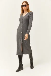 Olalook Women's Smoked V-Neck Buttoned Thick Corduroy Midi Dress - Image 5