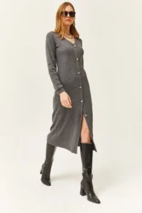Olalook Women's Smoked V-Neck Buttoned Thick Corduroy Midi Dress - Image 6
