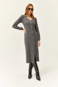 Olalook Women's Smoked V-Neck Buttoned Thick Corduroy Midi Dress - Image 7