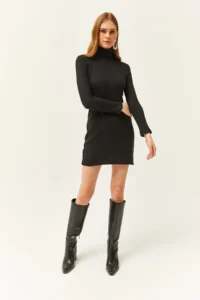 Olalook Women's Black Full Turtleneck Thick Ribbed Mini Dress - Image 4