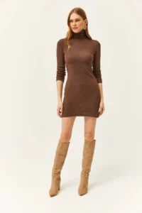 Olalook Women's Brown Full Turtleneck Thick Ribbed Mini Dress - Image 2