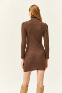 Olalook Women's Brown Full Turtleneck Thick Ribbed Mini Dress - Image 5