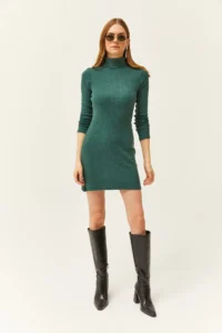 Olalook Women's Green Full Turtleneck Thick Ribbed Mini Dress - Image 5